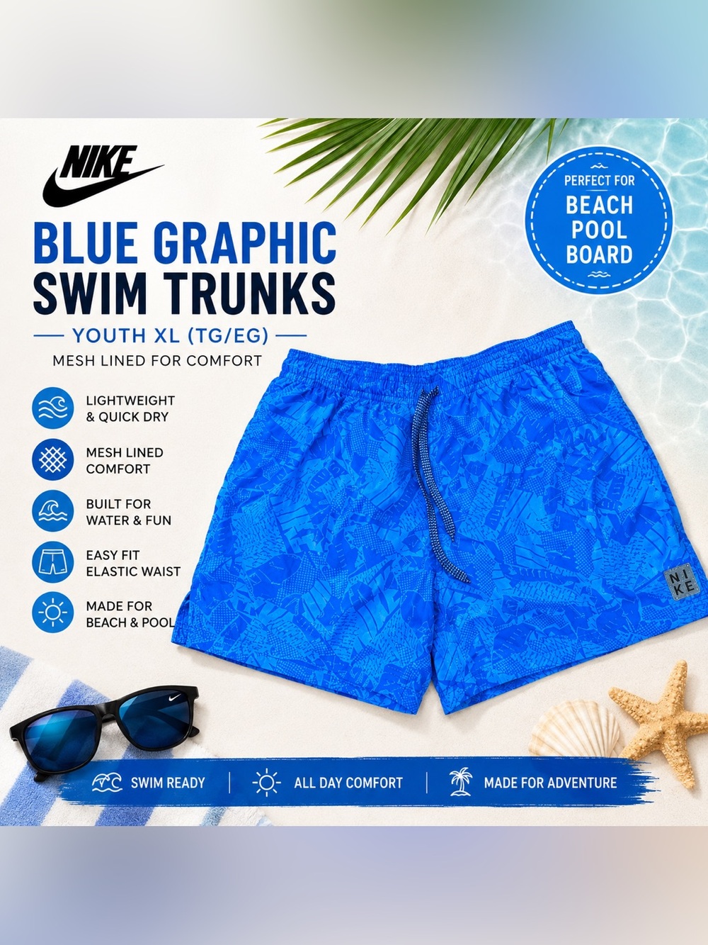 Nike Blue Graphic Swim Trunks Youth XL (TG/EG) Mesh Lined Board Beach Pool